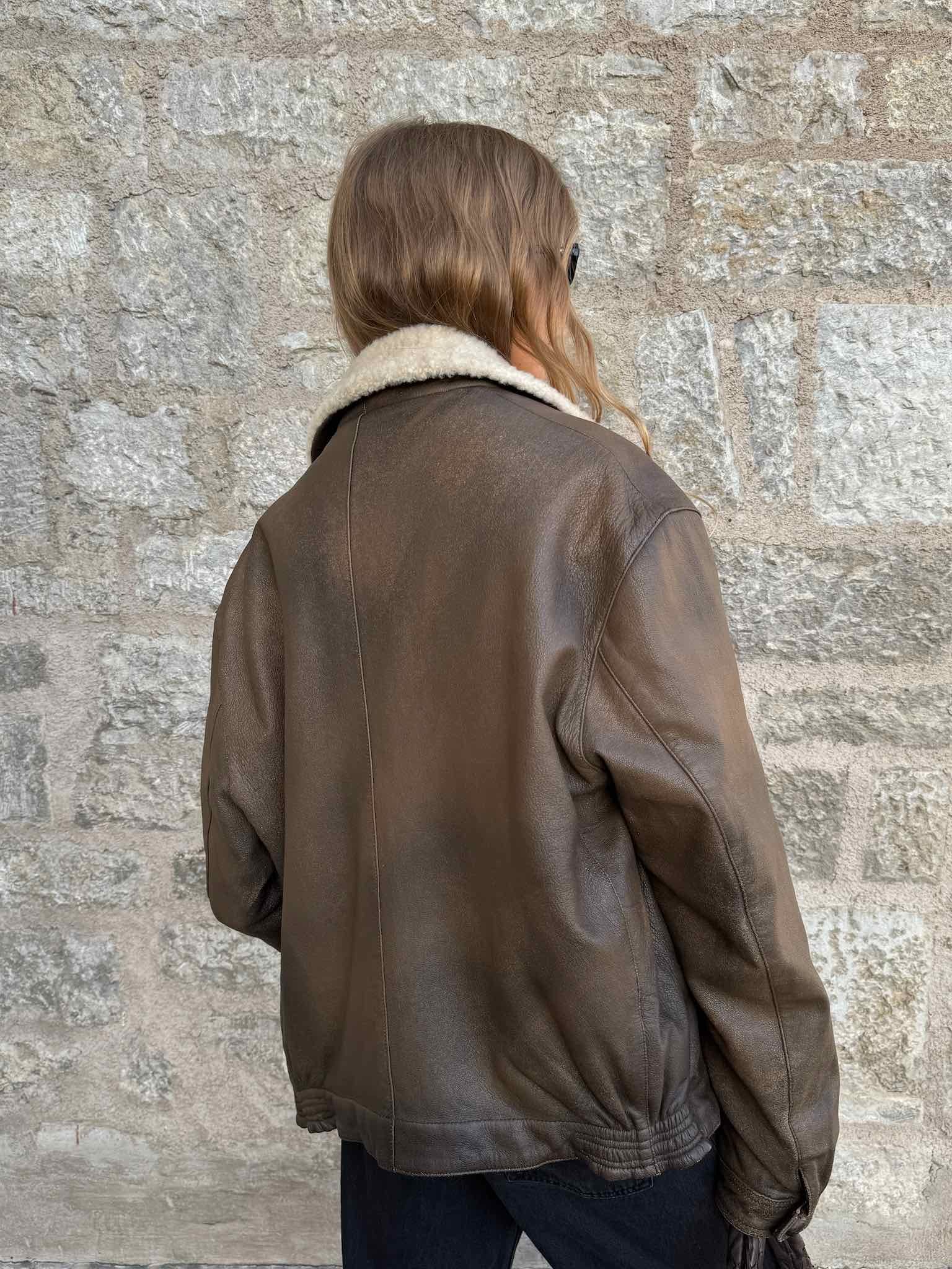 Lederjacke mit Fellkragen - Braun
