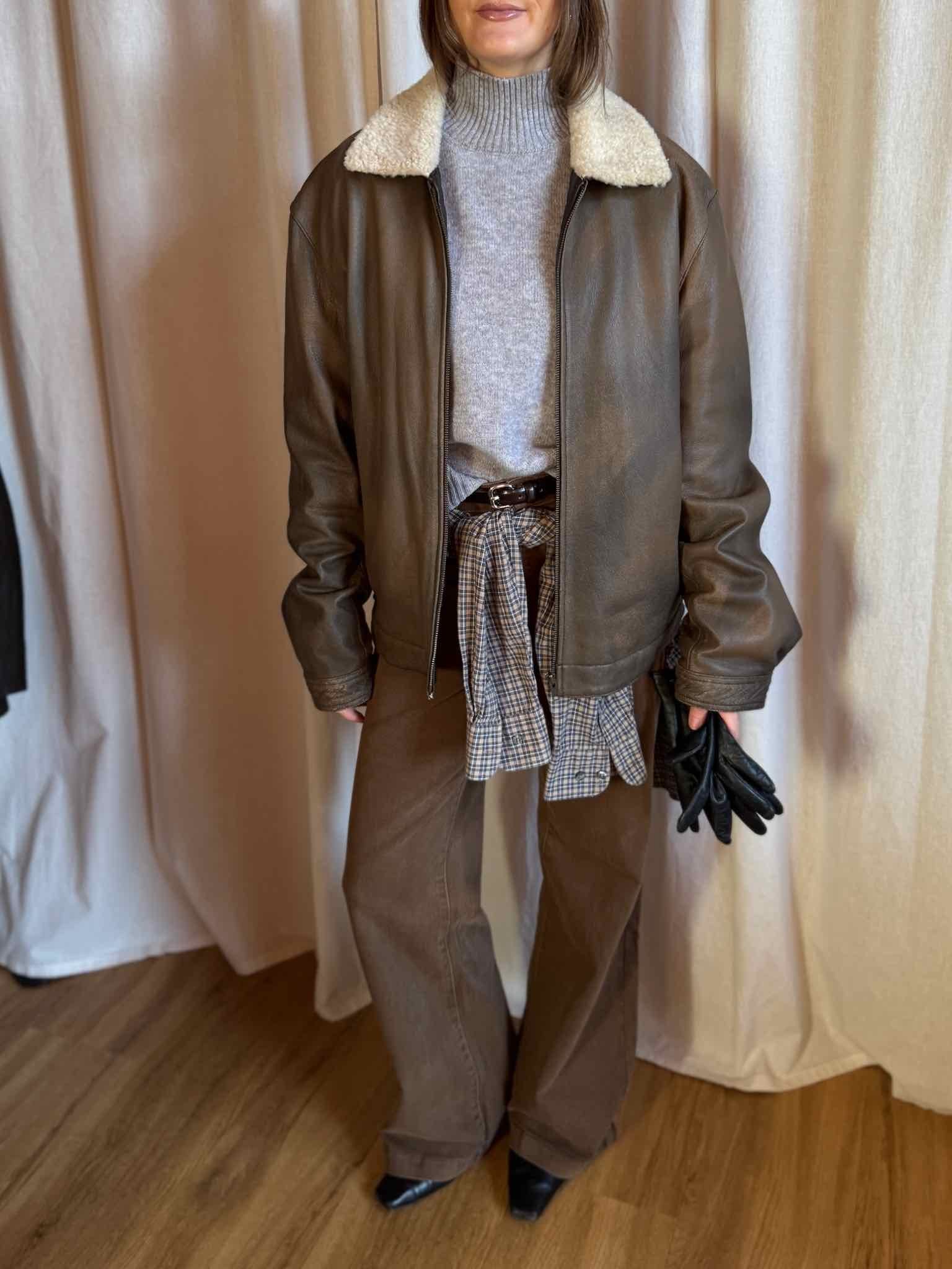 Lederjacke mit Fellkragen - Braun