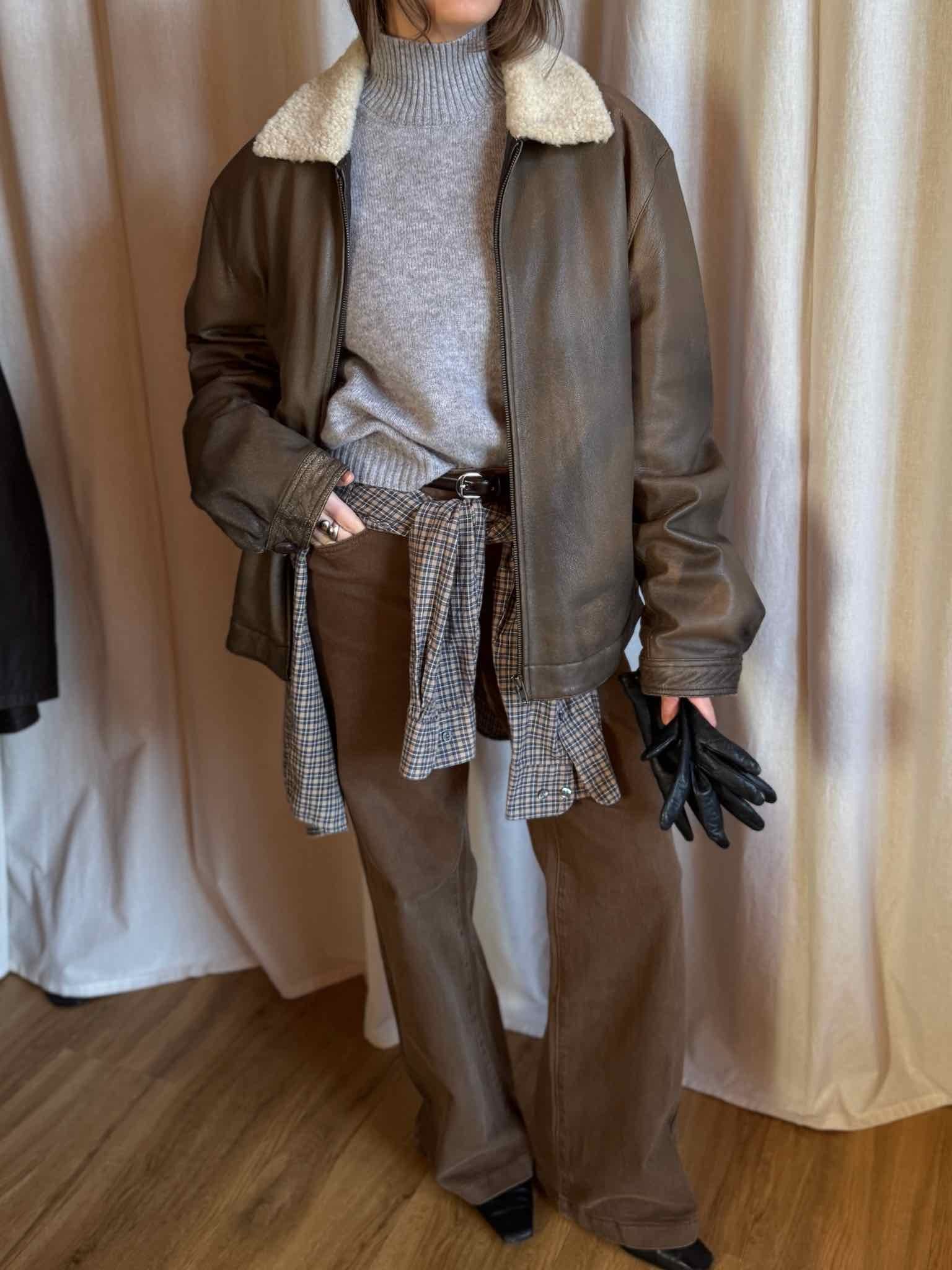 Lederjacke mit Fellkragen - Braun