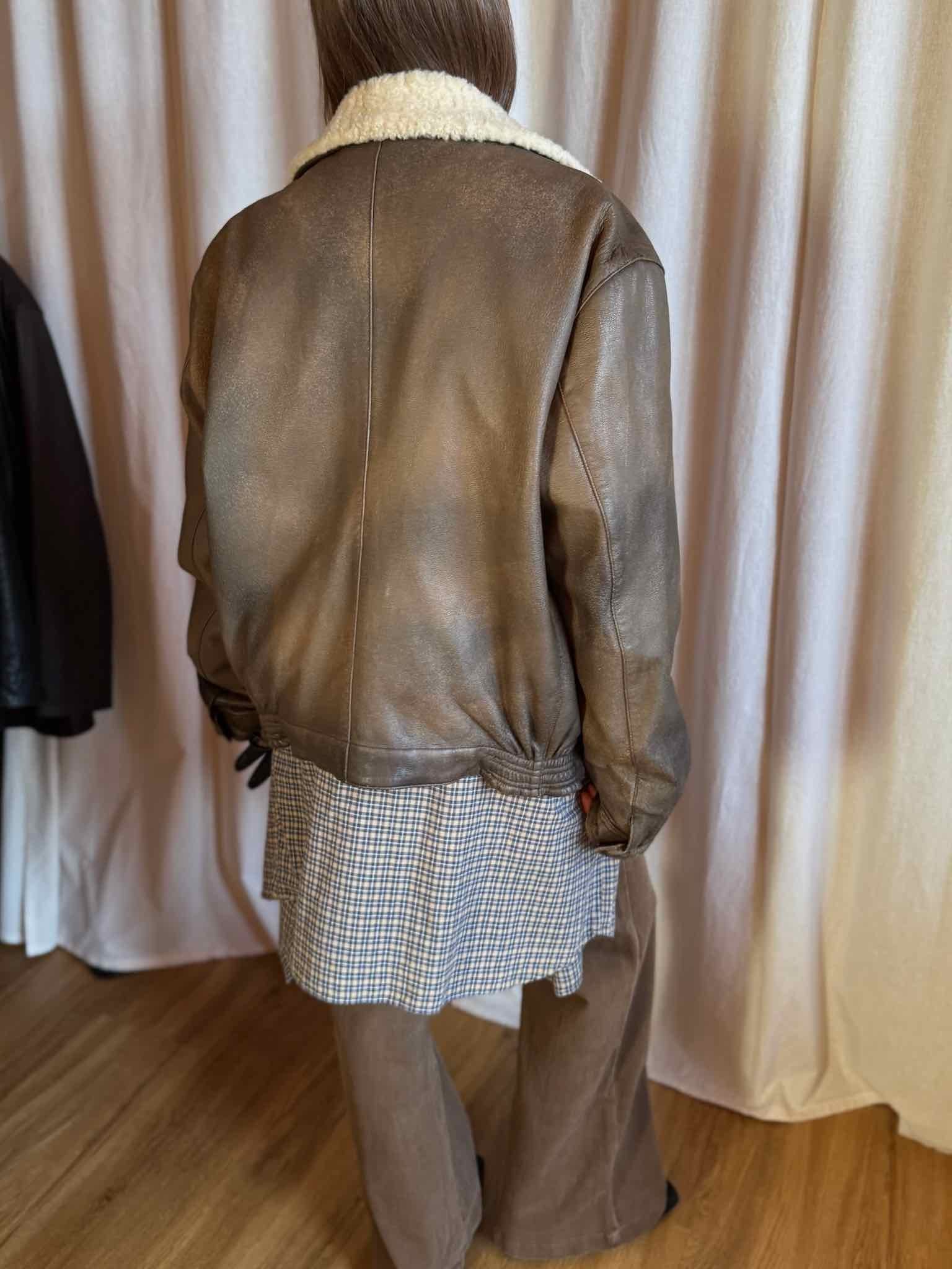 Lederjacke mit Fellkragen - Braun
