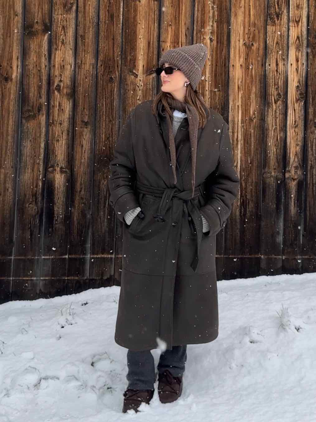 Shearling Mantel mit Gürtel - Dunkelgrau