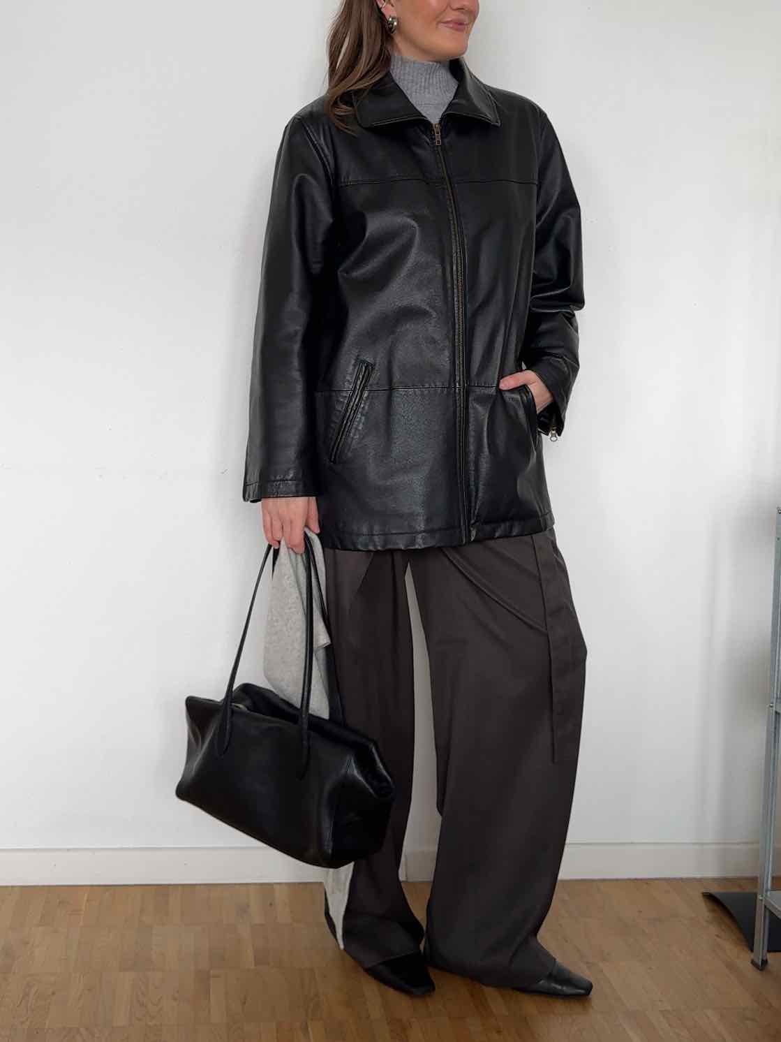 Vintage Lederjacke mit Funnel Neck - Schwarz