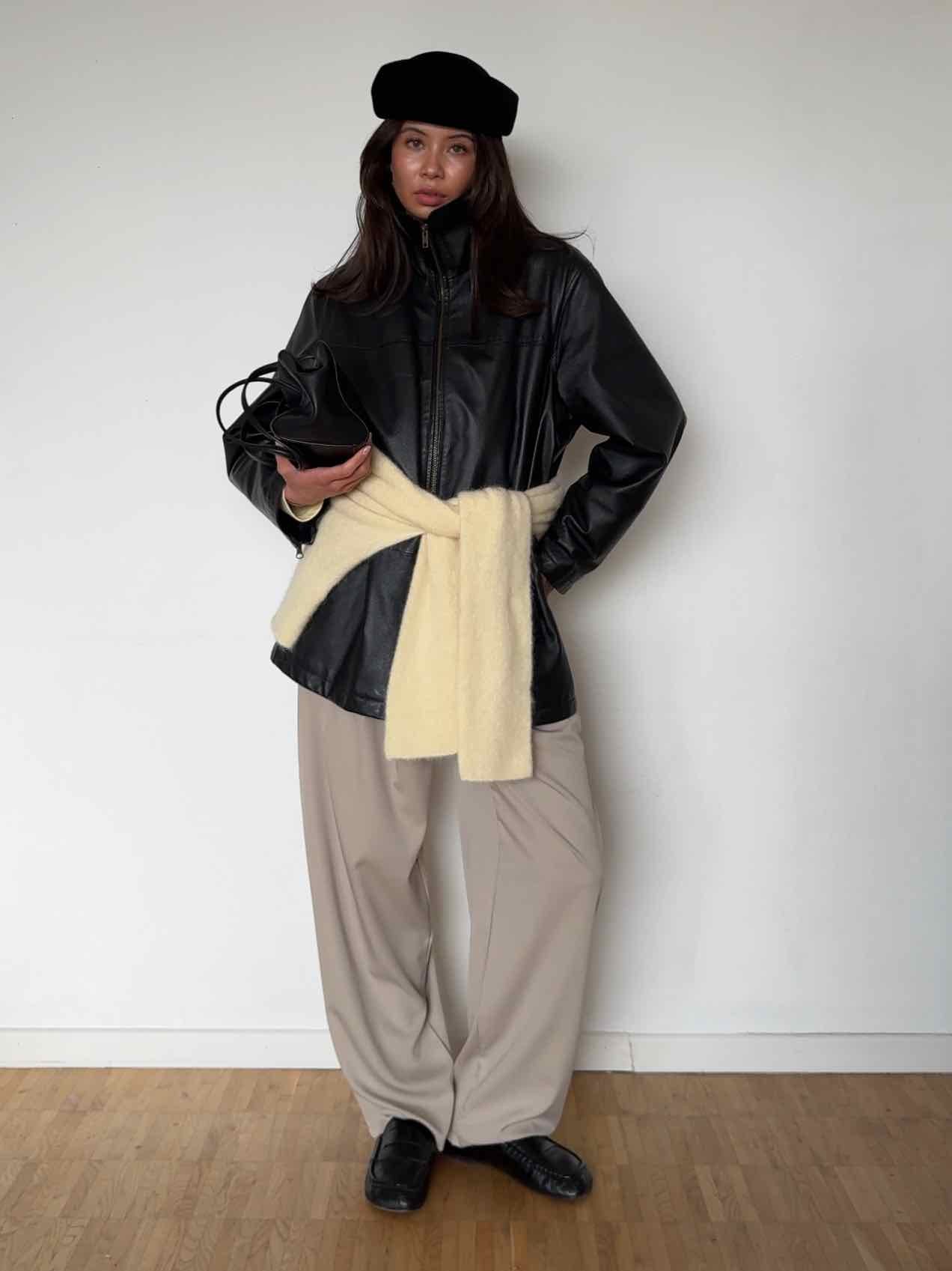Vintage Lederjacke mit Funnel Neck - Schwarz