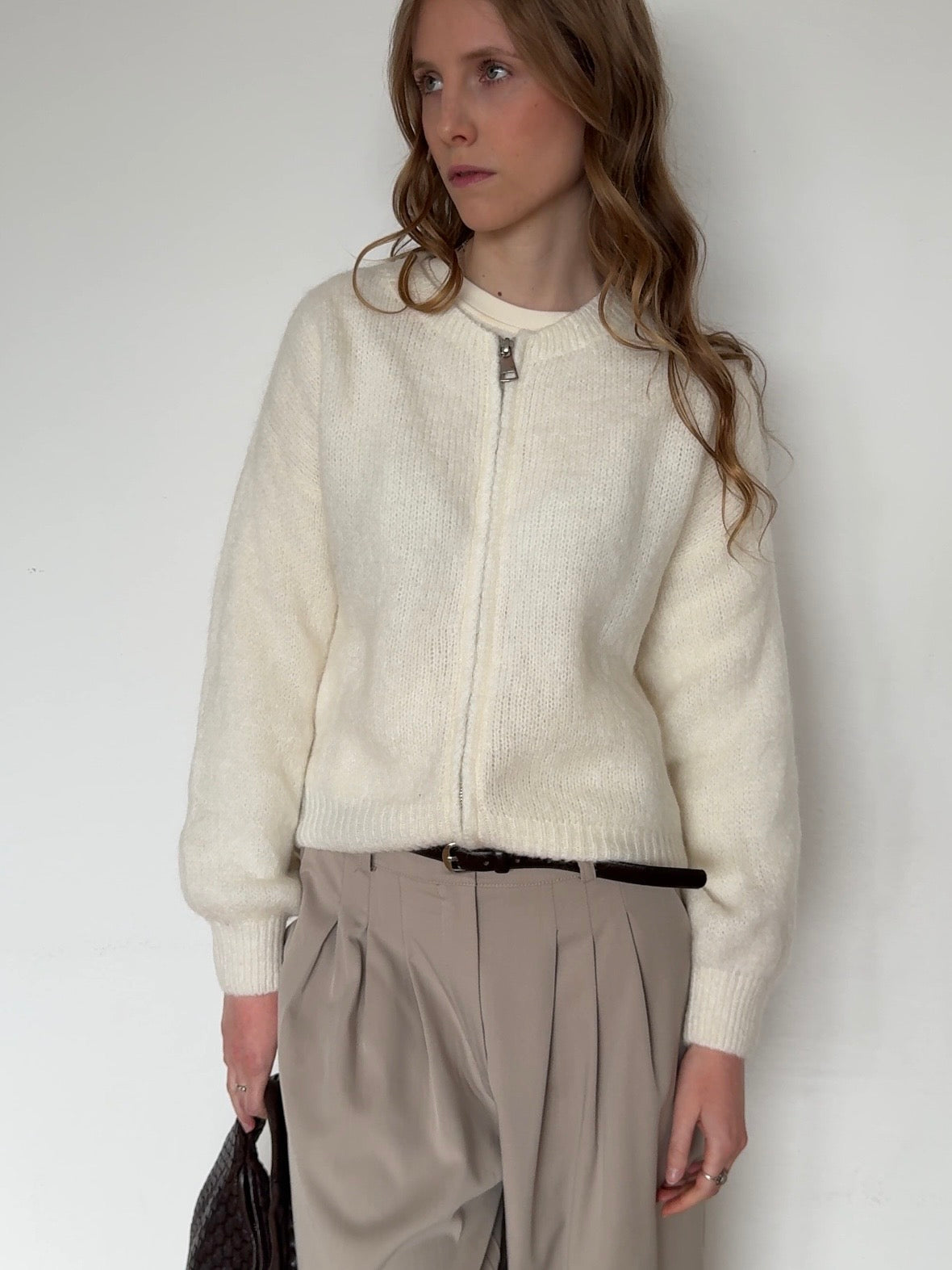 Zip Cardigan mit Kid Mohair - Creme