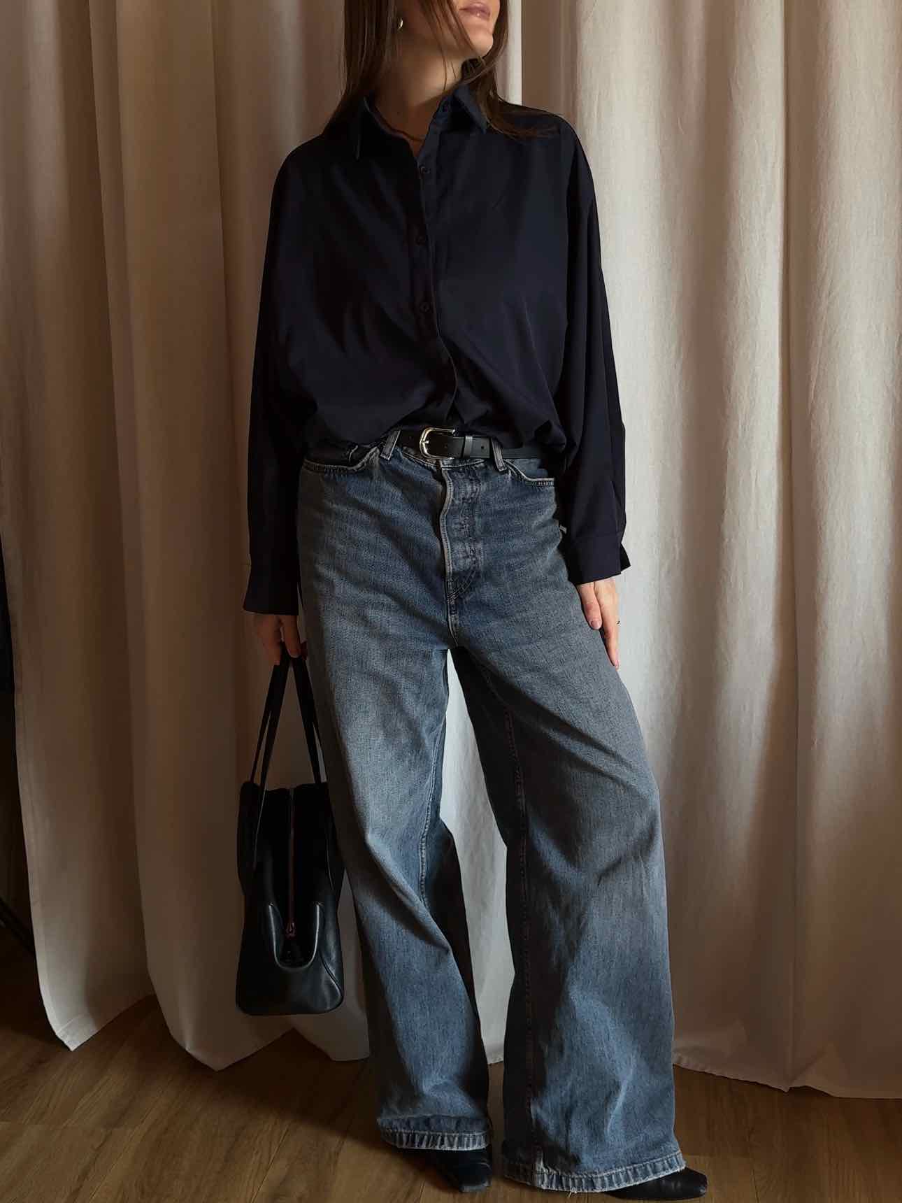 Cropped Balloon Blouse - Navy