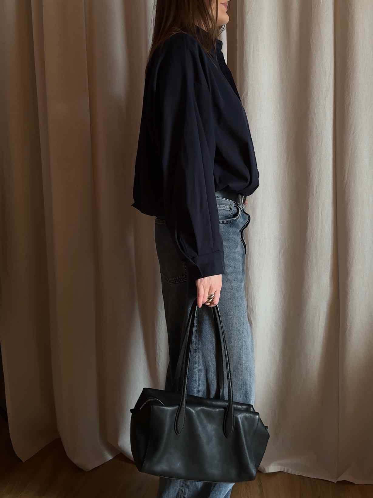 Cropped Balloon Blouse - Navy