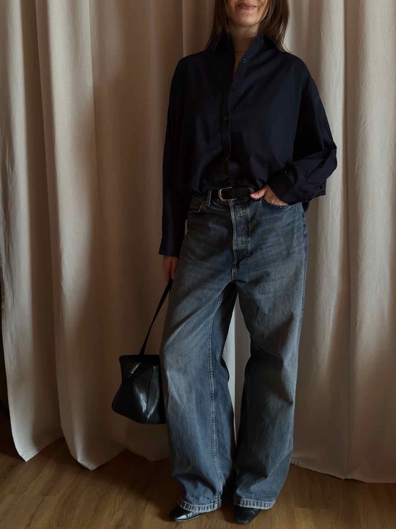 Cropped Balloon Blouse - Navy