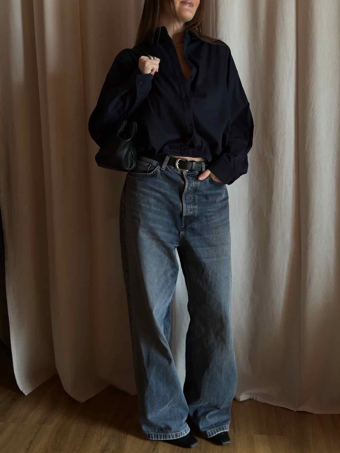 Cropped Balloon Blouse - Navy