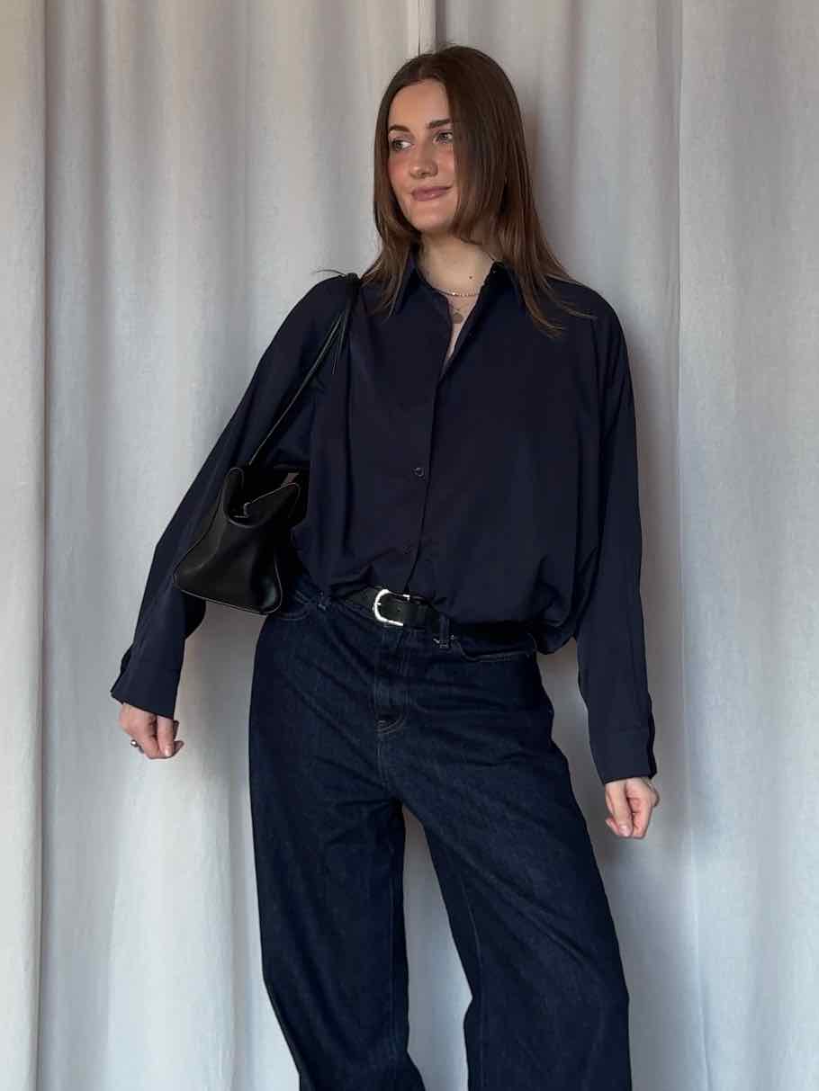 Cropped Balloon Blouse - Navy