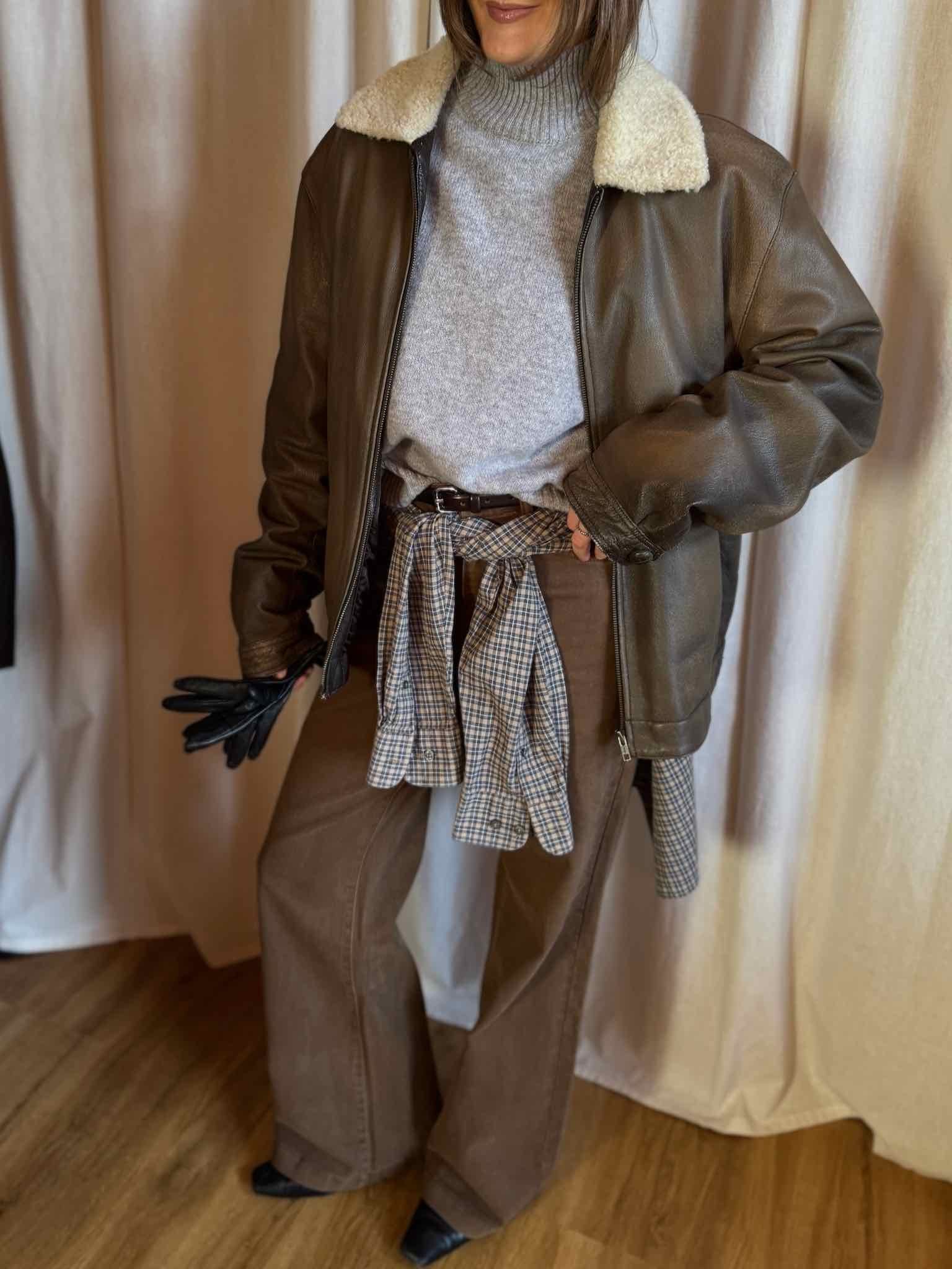Lederjacke mit Fellkragen - Braun