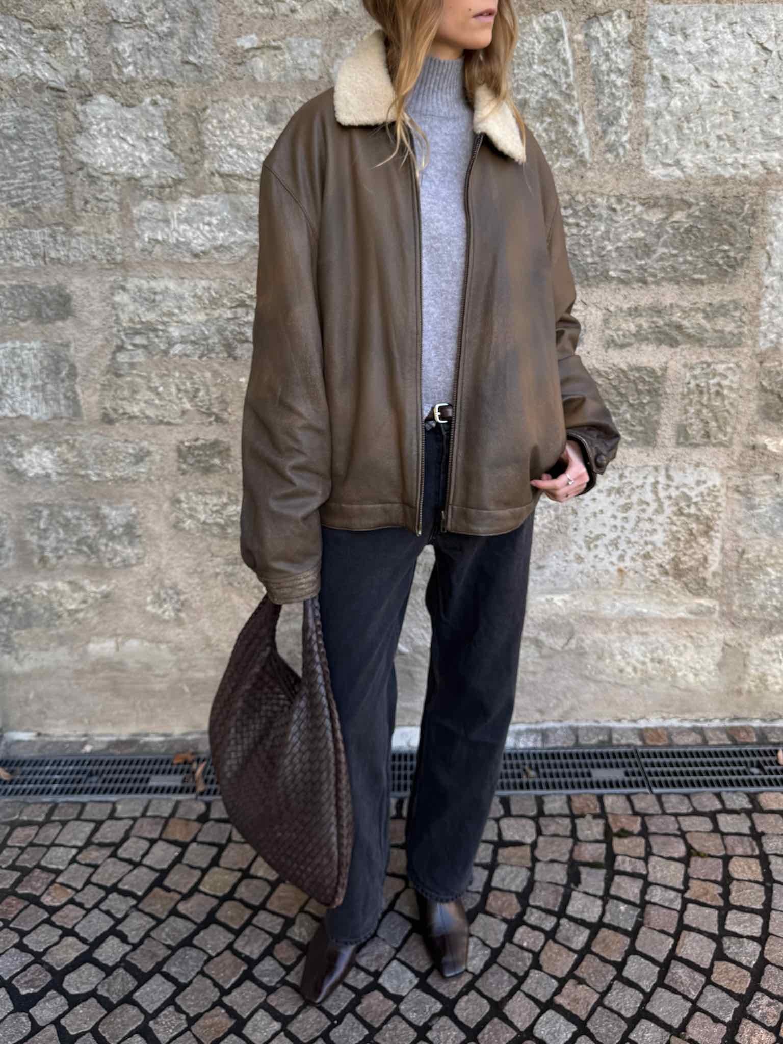 Lederjacke mit Fellkragen - Braun