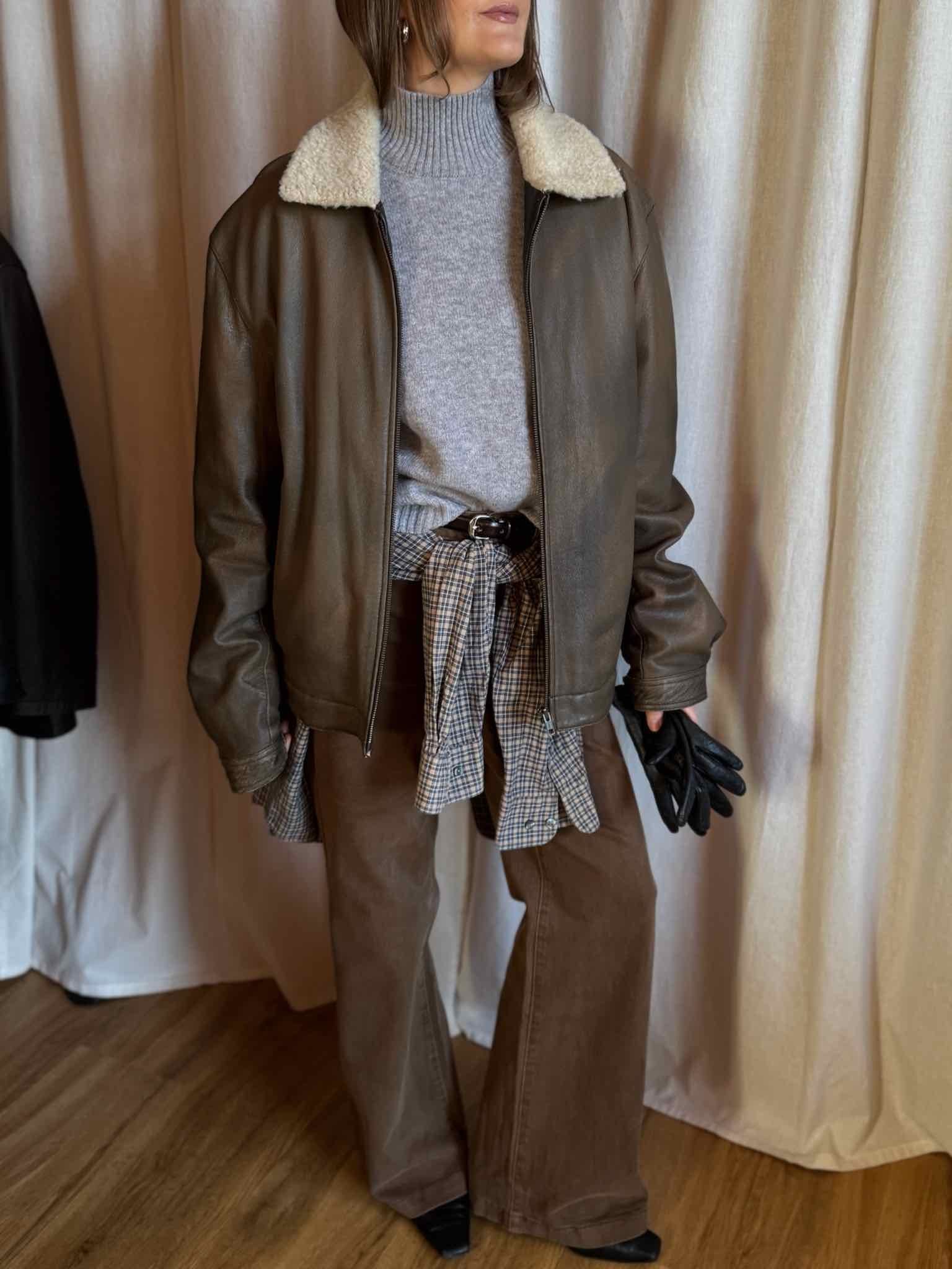 Lederjacke mit Fellkragen - Braun