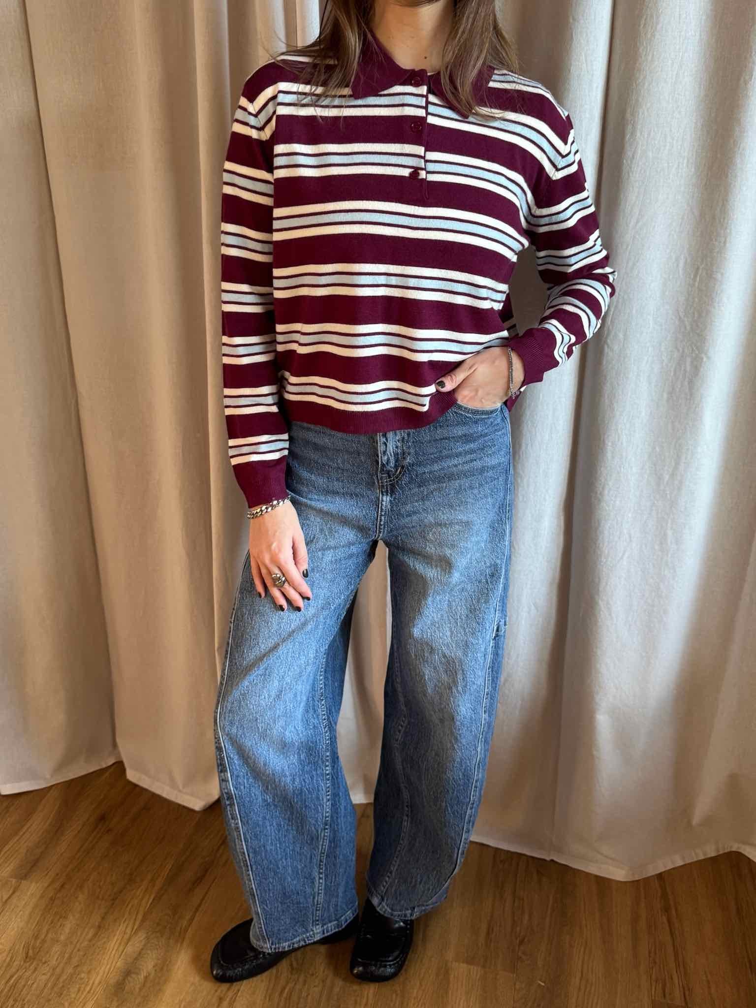 Polo Langarm Shirt - Berry gestreift