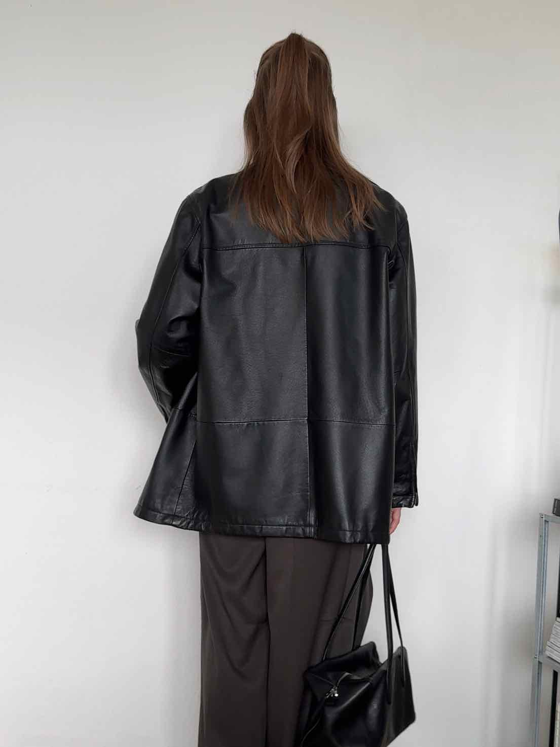 Vintage Lederjacke mit Funnel Neck - Schwarz